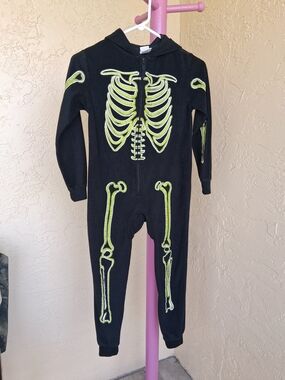 Cat & Jack Black Hoodie Bodysuit with Neon Green Skeleton Print